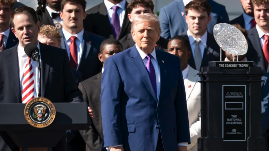 President Donald Trump welcomes college football champions, the Indiana University Hoosiers, to the White House on May 11, 2026. (Madalina Kilroy/The Epoch Times)