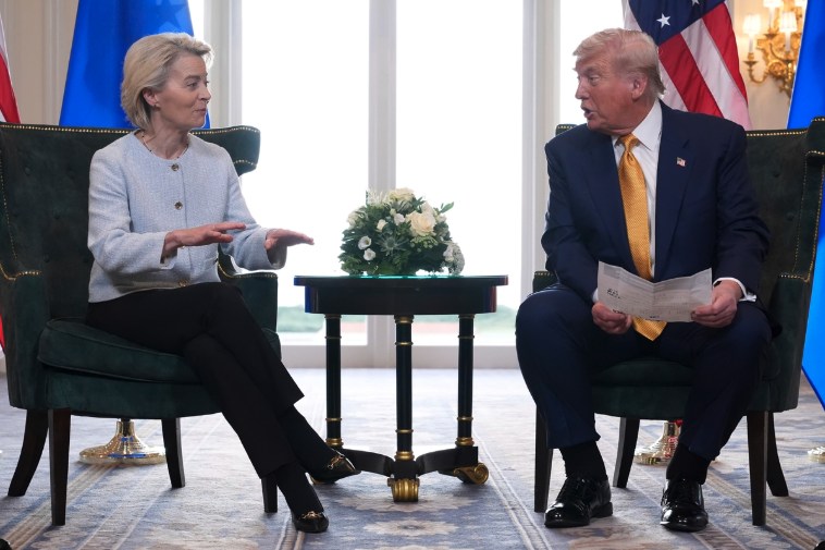 President Donald Trump and European Commission President Ursula von der Leyen talk after reaching a trade deal at the Trump Turnberry golf course in Turnberry, Scotland, on July 27, 2025. Jacquelyn Martin/AP Photo