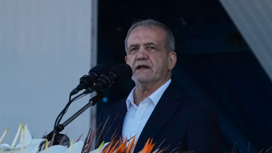 Iranian President Masoud Pezeshkian speaks during the army parade commemorating National Army Day in front of the shrine of the late revolutionary founder Ayatollah Khomeini, just outside Tehran, Iran, on April 18, 2025. (Vahid Salemi/AP)