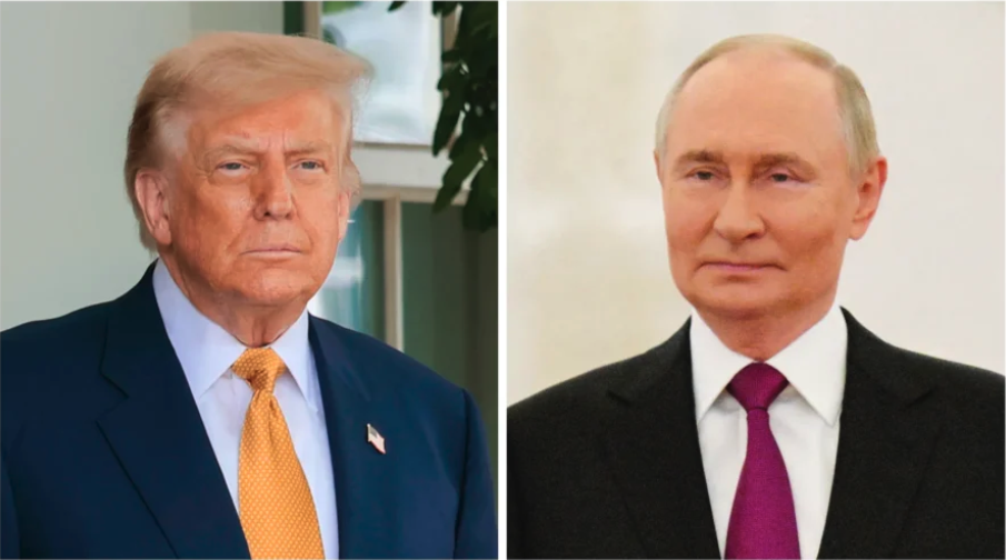 (Left) President Donald Trump outside the West Wing of the White House on July 16, 2025. (Right) Russian President Vladimir Putin at the Kremlin in Moscow on Aug. 7, 2025. (Anna Moneymaker/Getty Images, Alexei Nikolsky/Pool/AFP via Getty Images)