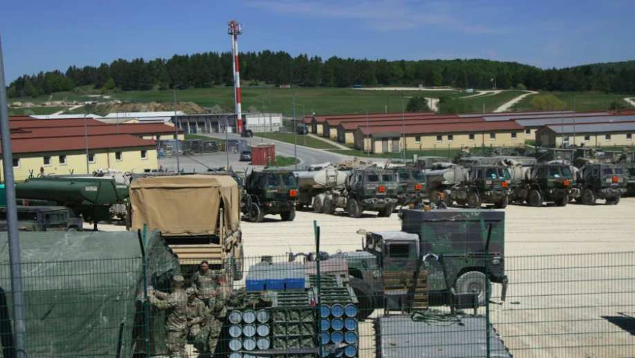 Soldiers and equipment stand at the U.S. Army 7th Army Training Command Joint Multinational Readiness Center in Hohenfels, Germany, on April 30, 2026. (Sean Gallup/Getty Images)