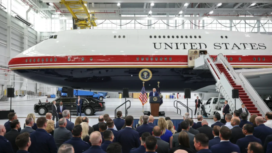 President Donald Trump delivers remarks after touring the newest aircraft in the presidential fleet at Andrews Air Force Base at Joint Base Andrews, Md., on June 19, 2026. (Alex Wong/Getty Images)