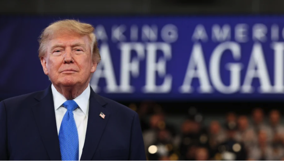 President Donald Trump arrives to deliver remarks at the David S. Mack Center for Training and Intelligence in Garden City, New York, on August 14, 2026. (Samuel Corum/Getty Images)