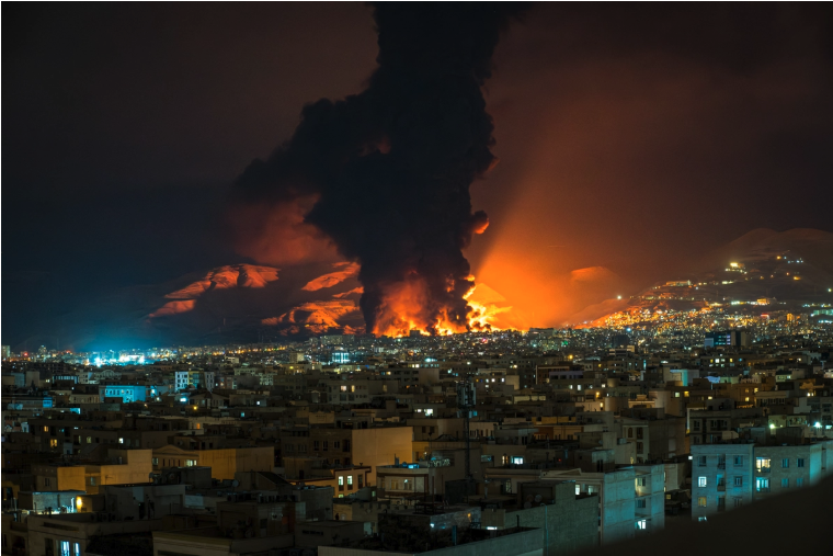 Smoke and flames rise at the site of airstrikes on an oil depot in Tehran on March 7, 2026. Sasan/Middle East Images/AFP via Getty Images