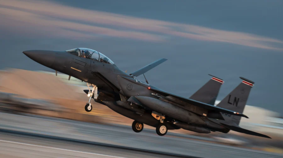 A U.S. Air Force F-15E Strike Eagle assigned to the 494th Expeditionary Fighter Squadron lands at a base in the Middle East, Jan. 18, 2026. (U.S. Central Command via DVIDS)
