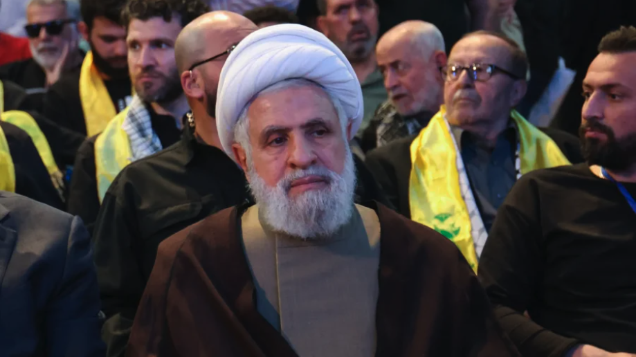 Hezbollah leader Naim Qassem attends a commemoration ceremony at the memorial grave of slain Hezbollah commander Imad Mughniyeh on April 5, 2024. (Anwar Amro/ AFP/Getty Images)