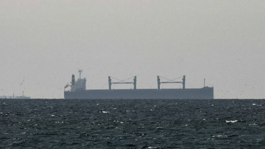 A cargo ship sits at anchor in the Gulf of Oman, near the Strait of Hormuz, as seen from northern Ras al-Khaimah, near the border with Oman’s Musandam Governorate, in United Arab Emirates, on March 11, 2026. (Stringer/Reuters)