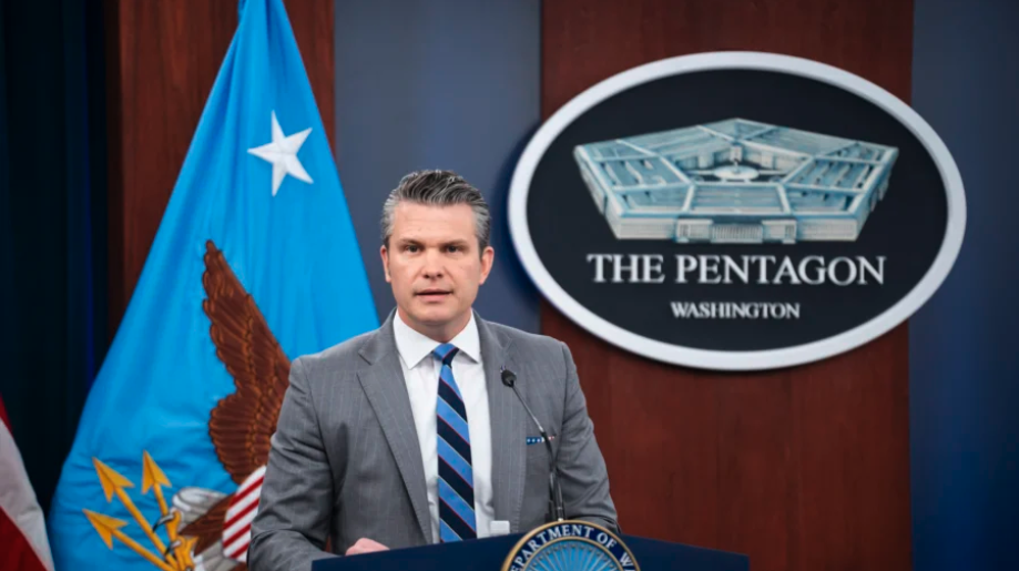 Secretary of War Pete Hegseth speaks during a press briefing at the Pentagon in Arlington, Va., on April 24, 2026. (Madalina Kilroy/The Epoch Times)