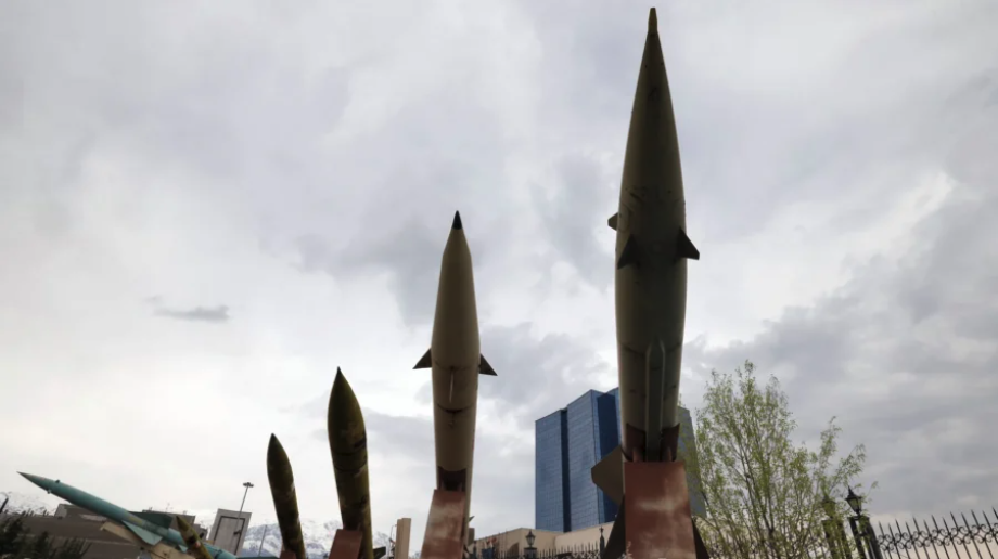 Mockups of Iranian missiles displayed outside a museum in Tehran, Iran, on March 31, 2026. (AFP via Getty Images)