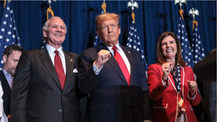 COLUMBIA, SOUTH CAROLINA - FEBRUARY 24: South Carolina Governor Henry McMaster, Republican presidential candidate and former President Donald Trump and Lt Governor Pamela Evette during an election night watch party at the State Fairgrounds on February 24, 2024 in Columbia, South Carolina. South Carolina held its Republican primary today. (Photo by Win McNamee/Getty Images)
