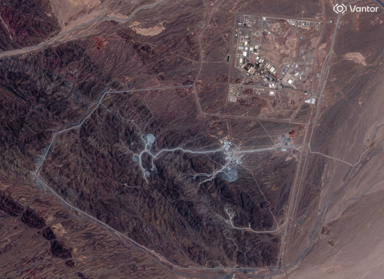 A satellite view shows an overview of the Natanz nuclear facility and Pickaxe Mountain, near Natanz, Iran, on June 30, 2026. Vantor/Handout via Reuters