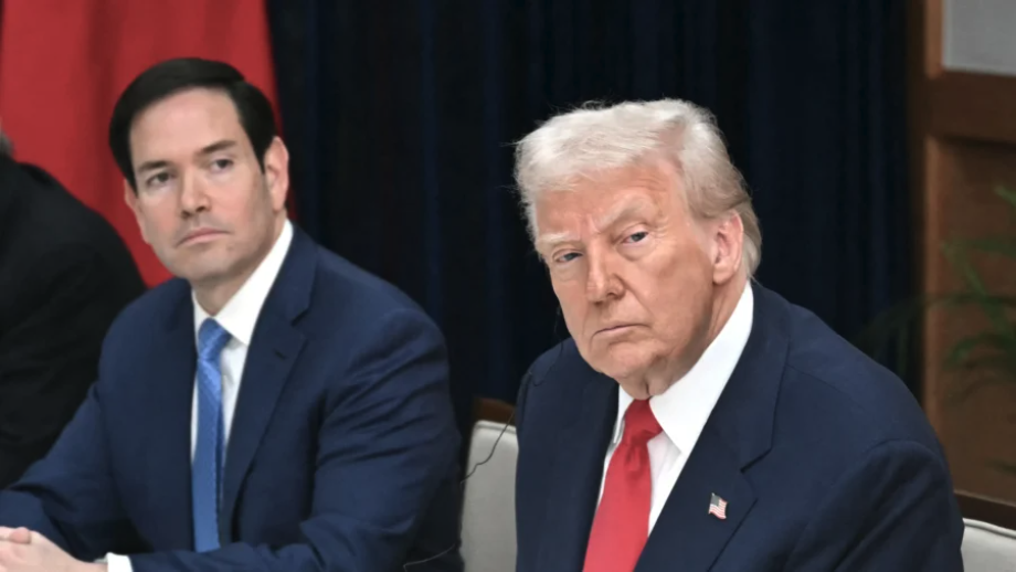 Secretary of State Marco Rubio and President Donald Trump (R) attend talks with Chinese leader Xi Jinping at the Gimhae Air Base, located next to the Gimhae International Airport in Busan on Oct. 30, 2025. (Andrew Caballero-Reynolds/AFP via Getty Images)