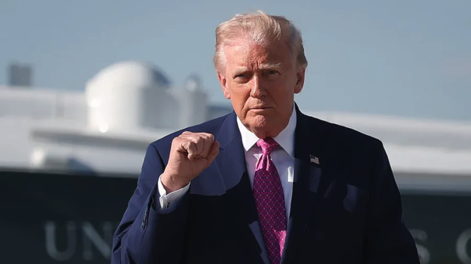 President Donald Trump walks toward reporters before answering questions prior to boarding Air Force One at Joint Base Andrews, Md., on April 10, 2026. (Win McNamee/Getty Images)