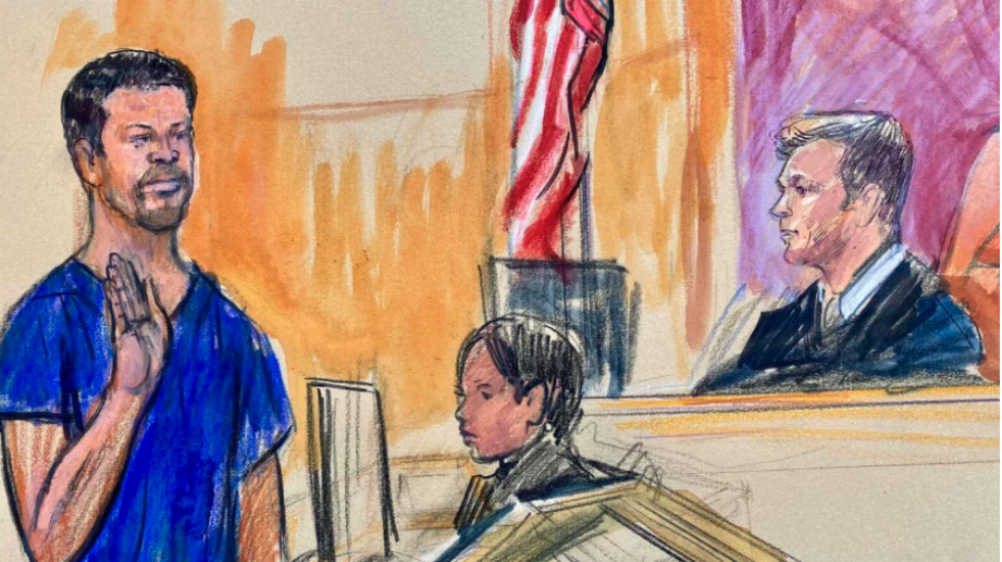 This courtroom sketch depicts Cole Tomas Allen (L), the California man arrested in the shooting at the correspondents dinner in Washington, seen appearing before Magistrate Judge Matthew J. Sharbaugh, in federal court in Washington on April 27, 2026. (Dana Verkouteren via AP)
