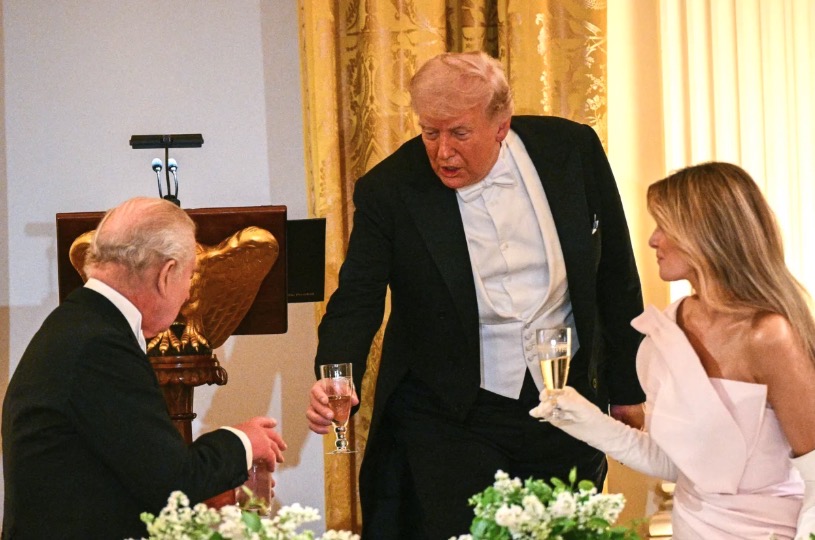 President Donald Trump toasts with Britain's King Charles III and First Lady Melania Trump during a State Dinner in the East Room of the White House in Washington on April 28, 2026. Brendan Smialowski/AFP via Getty Images