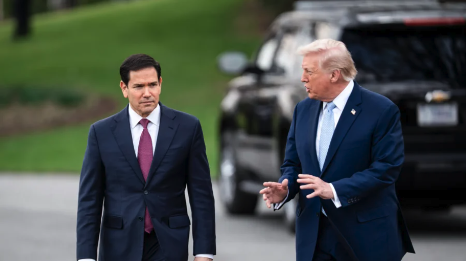 Secretary of State Marco Rubio and President Donald Trump walk toward the press as they depart the White House in Washington on March 20, 2026. (Madalina Kilroy/The Epoch Times)